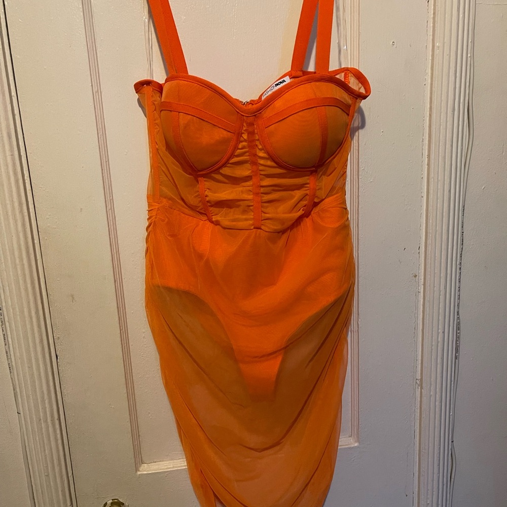 Fashion Nova Orange Mesh Bustier Slip Dress